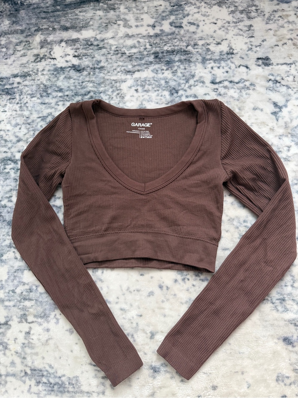 Garage Brown Ribbed V-Neck Long-Sleeve Crop Top